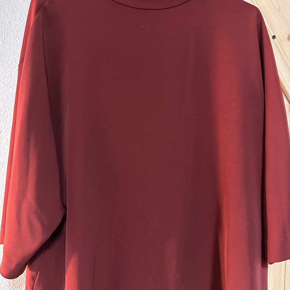 Uniqlo Red Oversized Blouse with 3/4 Sleeves and Mandarin Collar